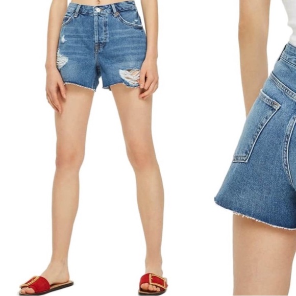 Topshop Ashley Ripped Boyfriend Button Up High Waisted Blue Shorts Holes Raw Hem - Picture 3 of 15